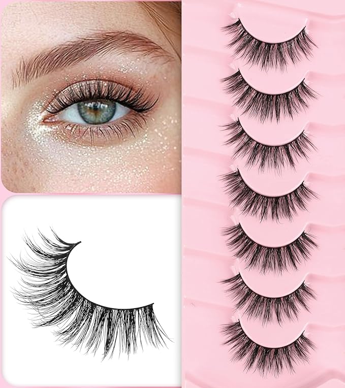False Lashes 16MM Eyelashes Natural C Curl Lash Strips Fluffy Lashes with 0.1MM Thin Band 3D Volume Fake Eyelashes Pack ChirpyLuna 7 Pair