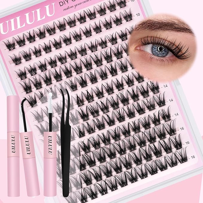 Lash Clusters Kit for DIY Lash Extension at Home, False Eyelashes Set with Bond and Seal, Lash Remover, Tweezers, D Curl Wispy Individual Clusters Eye Lash Extensions Kit (U25 DIY Lash Kit)