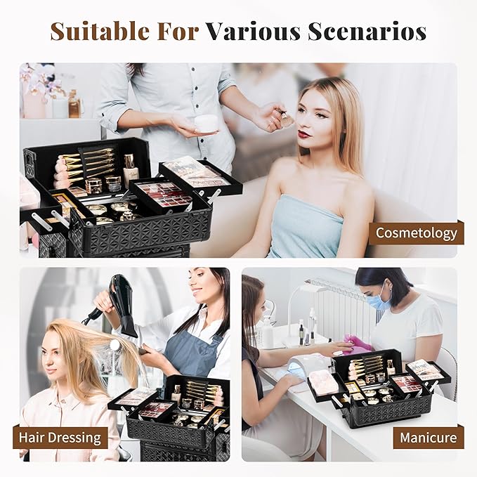 AROUS Rolling Makeup Train Case with 3 Drawers, Cosmetology Case on Wheels Nail Trolley Cart Salon Station Organizer Cases for Nail Tech, Face Painting,Hairstylist, Makeup Artist, Black