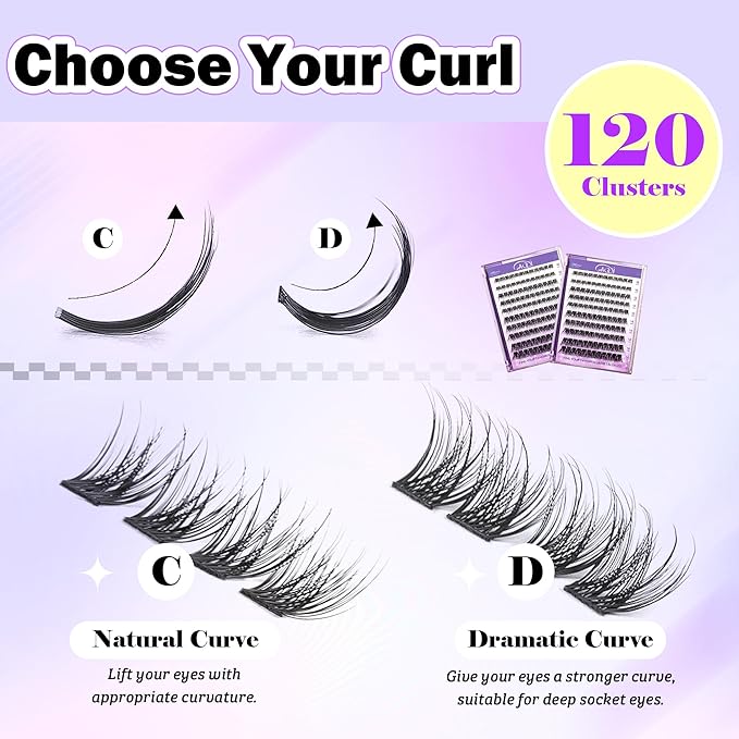 GAQQI Lash Clusters, Eyelash Clusters 120PCS D Curl Individual Lashes, Wispy Cluster Eyelash Extension 12mm Only, Natural Looking Cluster Lashes (GQ03, D Curl, 12mm)