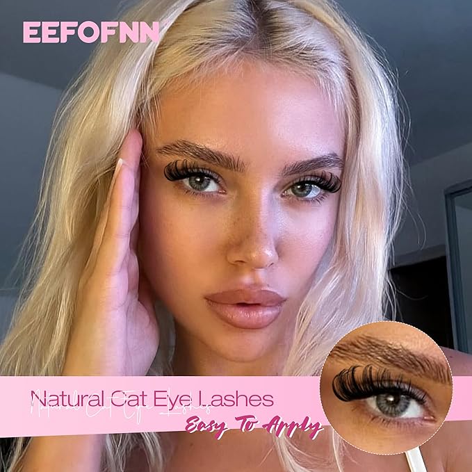 Eefofnn Natural False Eyelashes D Curly Lashes Cat Eye Russian Strip Lashes Fluttery Eyelashes 16mm Wispy Fake Lashes that Look Like Extensions Volume Faux Mink Eyelashes 10 Pairs Pack