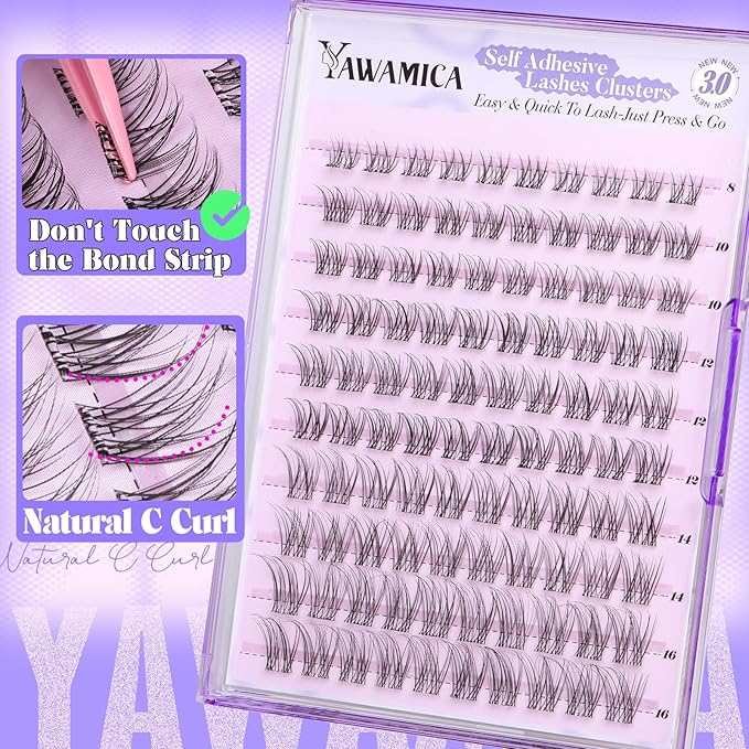 Yawamica Natural Self Adhesive Lash Clusters 10-16mm Reusable Press On Lashes No Glue Needed Eyelash Clusters Invisible Clear Band Pre Glued Cluster Lashes for Effortless Salon Eyelash Extension Look