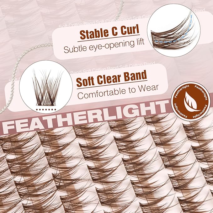 Wispy Cluster Eyelash Extensions Kit Brown Lash Clusters Kit Natural Fluffy Individual Lashes Clear Band Cluster Lashes Pack Dark Brown DIY Lash Extensions Lash Bond and Seal Clear (132Pcs, 8-16MM)