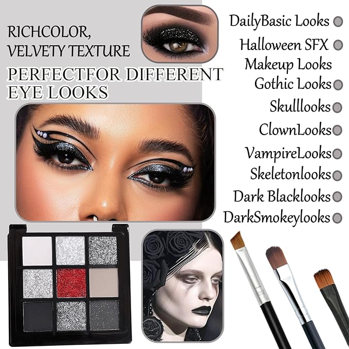 Black Grey Smoky Eyeshadow Palette,15 Colors Matte Shimmer Pigmented Eye Shadow Makeup Palette Set with 3 Eyeshadow Brushes,Glitter Eyeshadow Makeup Palette for Daily Halloween Goth Makeup(C)