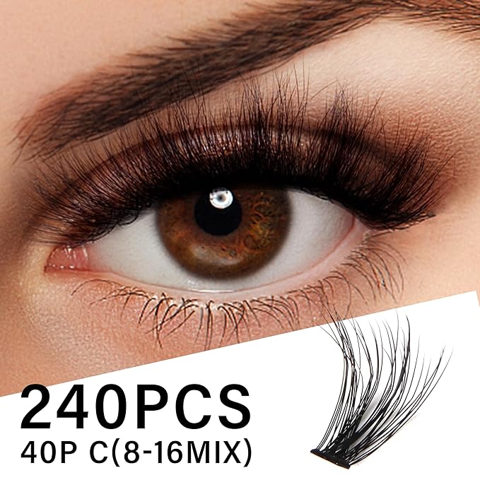 Lash Cluster 240pcs Individual Lashes,8-16mm Diy Lash Extension,C Curl Lash Clusters Wispy,3D Natural Lash Clusters Look Like Eyelash Extension DIY at Home (Orange 40P-C-8-16mix)
