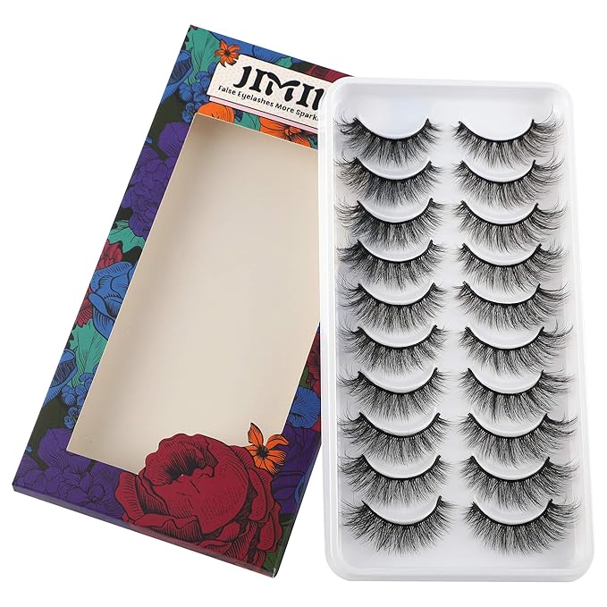 JIMIRE Fake Eyelashes Natural Look Fluffy Wispy False Lashes Cat-Eye Lashes with Thin Band Lightweight Fake Lashes 10 Pairs Pack