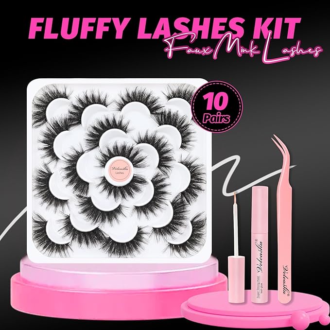 Veleasha Lashes D Curl Fluffy Eyelashes Cat Eye Lashes 5D Volume False Lashes Kit with Lash Glue and Tweezers 10 Pairs Soft False Eyelashes Luxury Fake Eyelashes Wispy Look Like Extensions (D15 Kit)