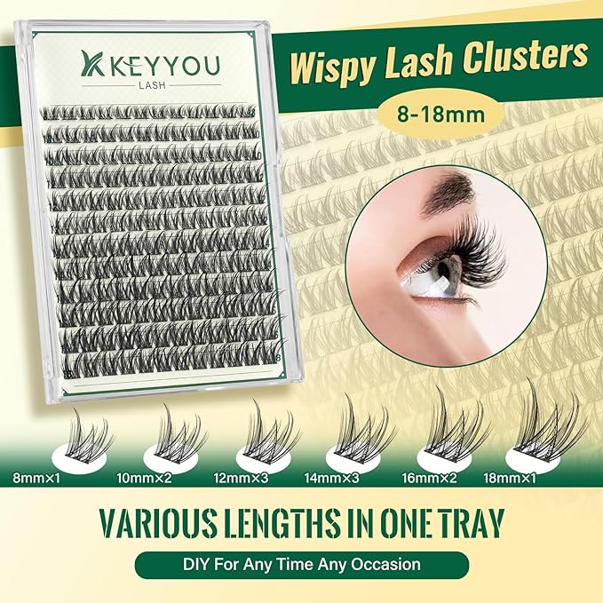 KEYYOULASH Lash Clusters Kit 144pcs 8-18MIX Natural&Wispy Cluster Lashes Thin Band Lash Extension Kit with Bond and Seal,Remover,Applicators for DIY Fluffy Eyelash Extension Kit at Home(KY03 Kit)
