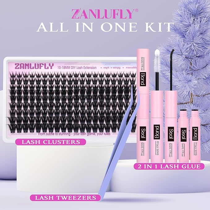 Lash Clusters Kit DIY Lash Extension Kit Volume Cluster Eyelash Extension Kit D-curly Individual lashes 10-18MM Wispy Eyelash Clusters with Lash Cluster Glue and Tweezers by zanlufly