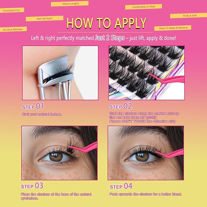 JoMay Self Adhesive Eyelashes, Press on Lashes No Glue Needed, Glueless Lashes Pre-Glued Natural Cluster Extension Kit D Curl For Beginners, No Sticky Residue 1 Step DIY 48PCS 10-16mm X5