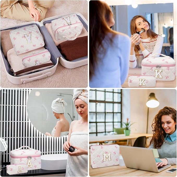 Initial Makeup Bag Set, Personalized Quilted Makeup Bag, Large Floral Cosmetic Bag for Women, Cute Cotton Custom Make up Bags, Flower Travel Toiletry Bag Teen Girl Gift Pink Butterfly K