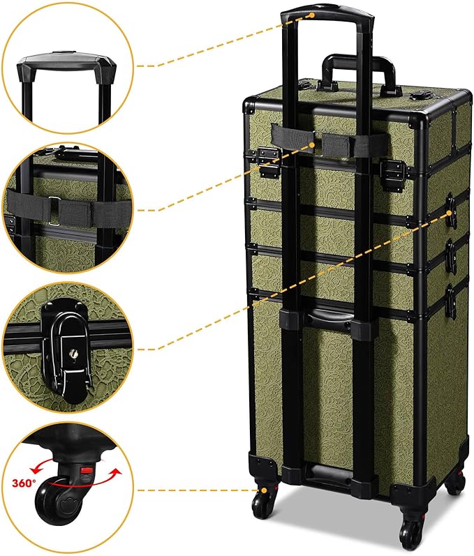 BYOOTIQUE 4in1 Cosmetology Cases on Wheels Rolling Makeup Organizer Cart Professional Nail Tech Storage Hairdressing Brush Bags for Nail Artist Beauty Barber Salon Hairstylist,Rococo Moss