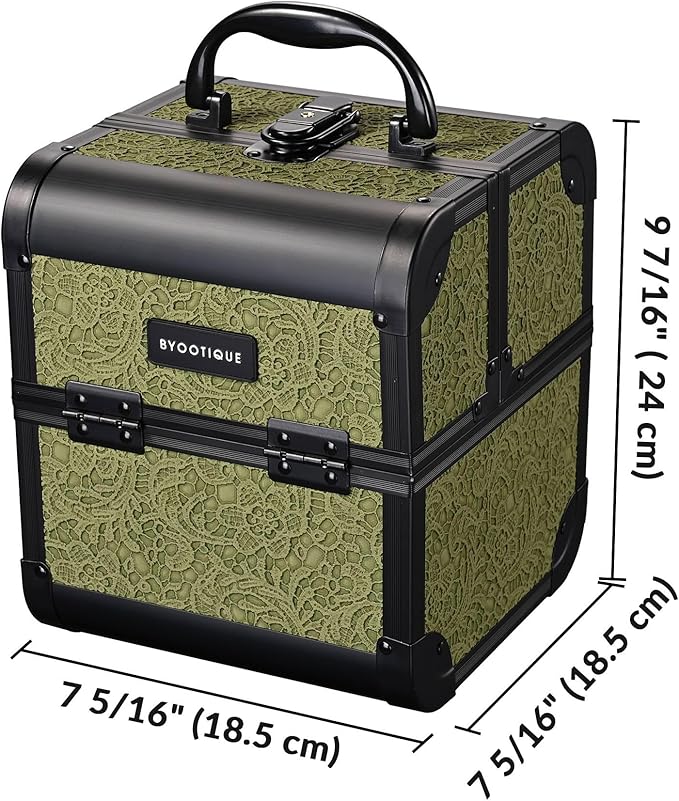 BYOOTIQUE Travel Makeup Case with Mirror 2-Tier Trays Cosmetic Storage Box Jewelry Organizer for Beautician Nail Tech Barbershop Hairstylist,Rococo Moss