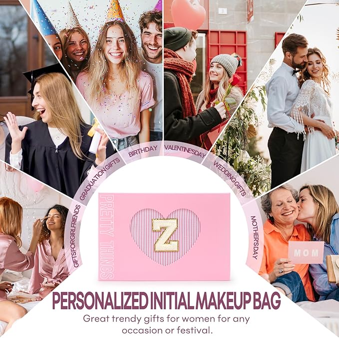 2 PCS Initial Makeup Bags for Women: Cosmetic Bag for Travel Toiletry - Birthday Gifts for 11 12 13 14 15 16 17 18 Years Old Girl Graduation Teacher Gift- Teen Girl Gifts Trendy Stuff - Pink Z