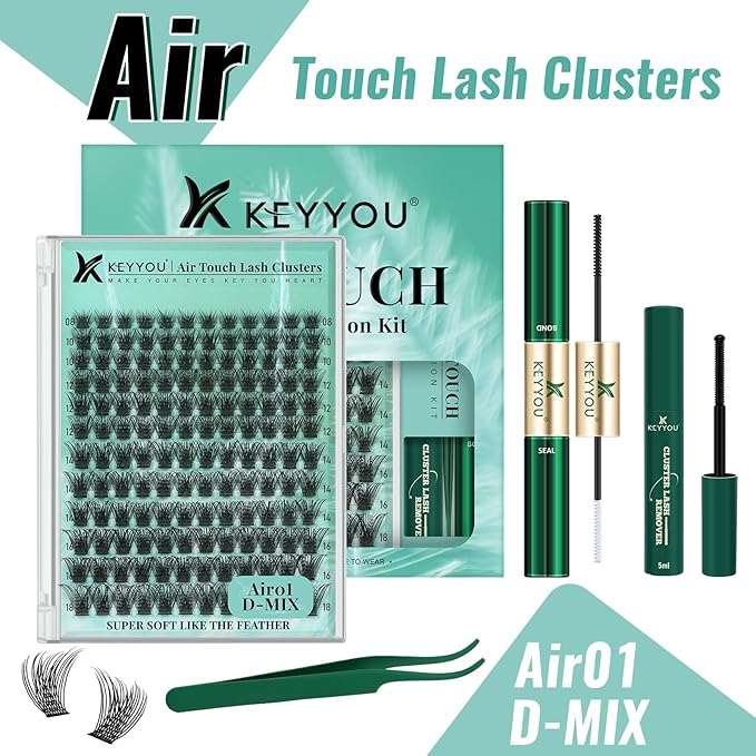 KEYYOU Lash Extension Kit 144pcs Air Touch Lash Clusters with Bond and Seal Lash Applicator Remover D Curl DIY Eyelash Extension Kit Easy to Apply at Home(Air01Kit-D-8-18Mix)