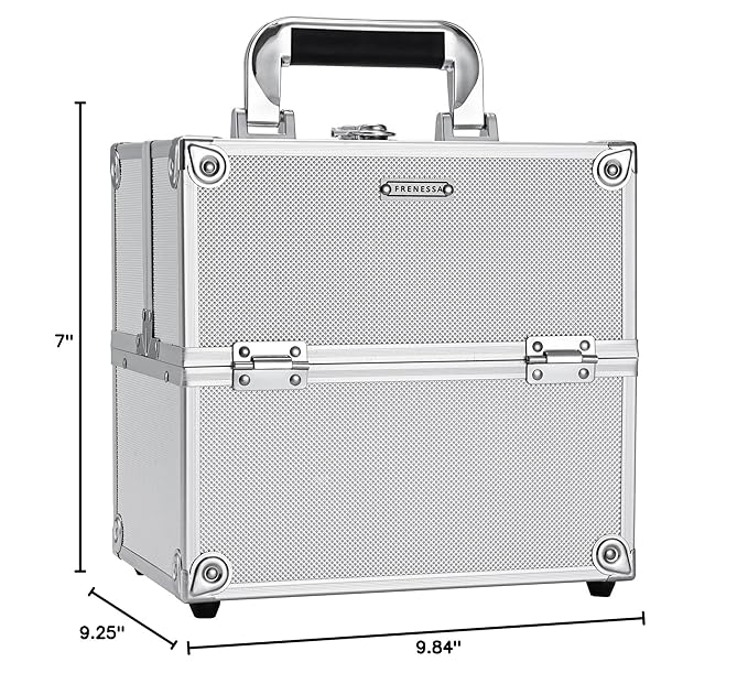 FRENESSA Makeup Train Case Makeup Organizer Box Portable Cosmetic Travel Case with Lock 4 Trays Aluminum Hard Vanity Box Make Up Artist Nail Beauty Storage Organizer Cosmetic Suitcase Bright Silver