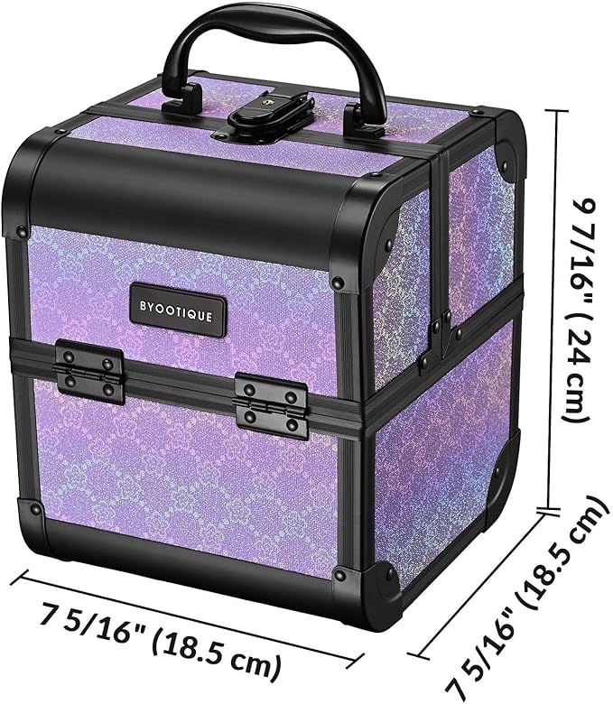BYOOTIQUE Makeup Train Case with Mirror Small Cosmetic Bag for Travel 2-Tier Trays Jewelry Organizer Box Lash Storage for Nail Artist Manicurist Beauty Salon,Charm ForgetMeNot