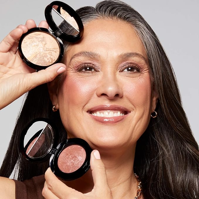 LAURA GELLER NEW YORK Blush-n-Glow Kit (3 PC): Baked Balance-N-Glow Illuminating Powder Foundation, Tan + Retractable Kabuki Brush + Baked Blush-N-Brighten, Pink Grapefruit