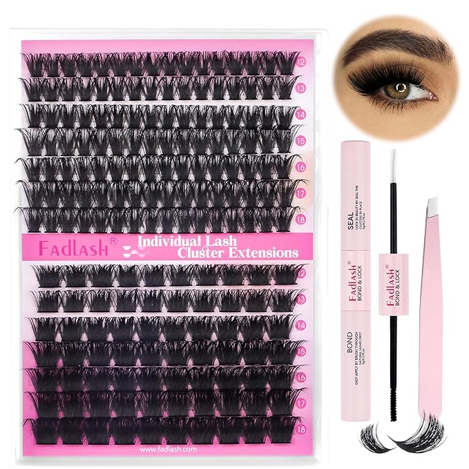 FADLASH Lash Extension DIY Kit Volume Fluffy Lash Clusters D Curl Cluster Lashes with Lash Bond and Seal Lash Tweezers for DIY Eyelash Extension at Home for Self Use(Kit 100D+200D-0.07D-12-18MIX)