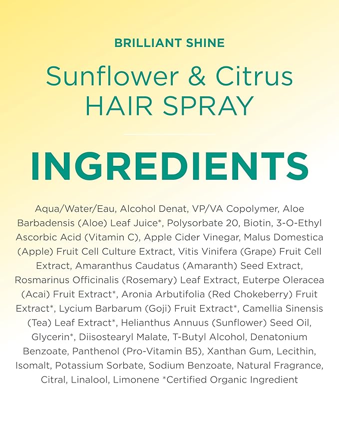 Andalou Naturals Sunflower & Citrus Brilliant Shine Hair Spray | Styling for Shine & Medium Hold | Aloe Vera for Frizz Control | Natural & Cruelty Free | 8.2 fl oz