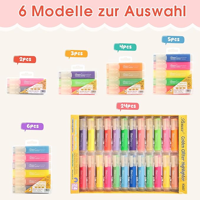 Silver Glitter Highlighters - Chisel Tip, No Bleed, Assorted Colors - 24 Pack Metallic Colors Cute Highlighter Markers, Pastel Highlighters for Journaling and School Supplies for Girls