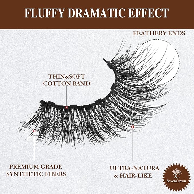 Magnetic Eyelashes Natural Look, 7 Pairs Reusable Cat-eye Medium Magnetic Lashes with 2 Tuble Magnetic Eyeliner (1 black+1brown) Vegan & Cruelty Free