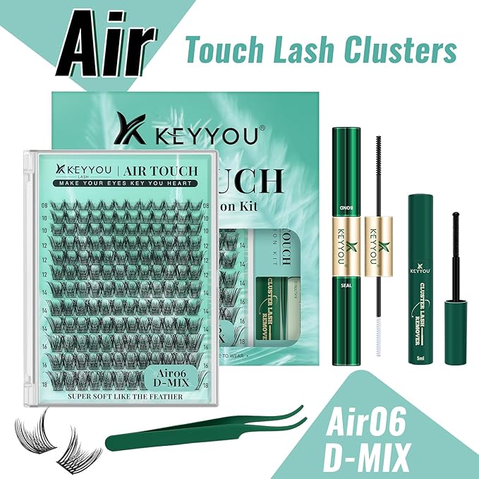 KEYYOU Lash Extension Kit 144pcs Air Touch Lash Clusters with Bond and Seal Lash Applicator Remover D Curl DIY Eyelash Extension Kit Easy to Apply at Home(Air06Kit-D-8-18Mix)