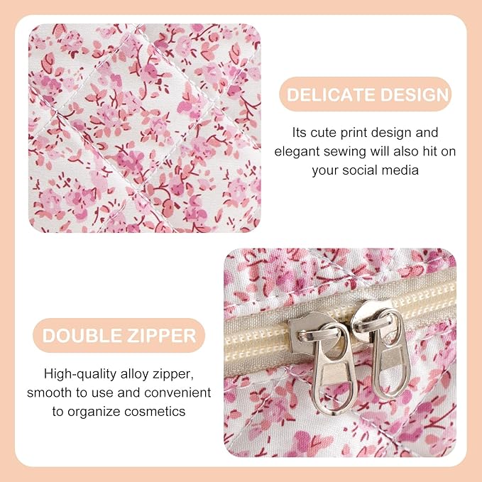 Makeup Bag for Women 3PCS Quilted Cotton Make Up Bag Travel Cosmetic Bag Large Makeup Bag Set Cute Makeups Organizer Floral Toiletry Pouch for Purse, Blush Bloom