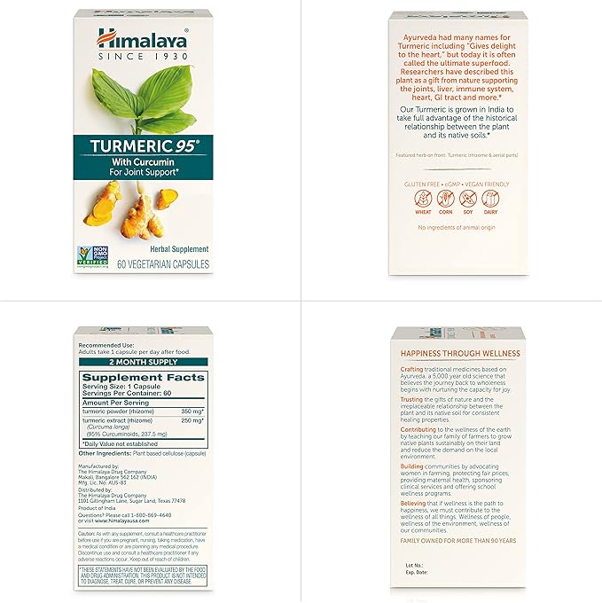 Himalaya Turmeric 95 Supplement with Curcumin/Curcuminoids, Joint and Muscle Support, Optimum Flexibility and Mobility, 600 mg, Non-GMO, Vegan, Gluten Free, 60 Capsules, 2 Pack, 60 Day Supply