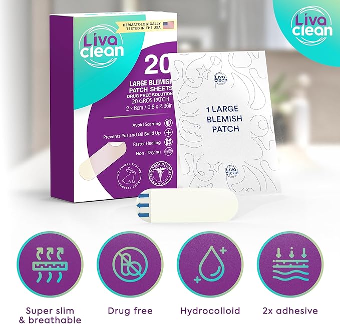 20 CT LivaClean Large Hydrocolloid Acne Patches - for Pore Spots Nose Face Cystic Pimple Zit Patch - Big Pimple Patches Hydrocolloid Bandages Strips