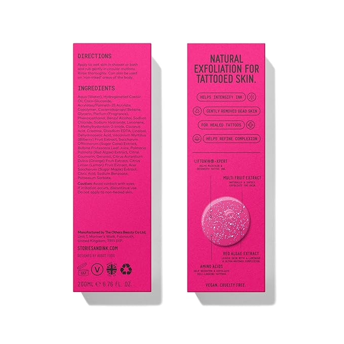 Stories & Ink Tattoo Aftercare | EXFOLIATING BODY WASH - Body Scrub Removes Dead & Dull Skin, Brightens Healed Tattoos, 200 mL / 6.8 Fl Oz