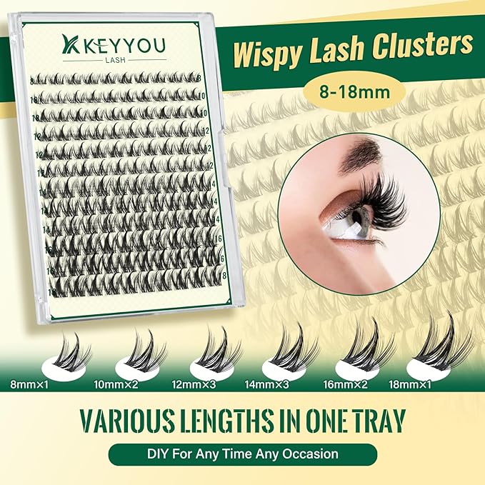 KEYYOULASH Lash Clusters Kit 120pcs 8-18MIX Lash Clusters Spiky Manga Lash Extension Kit with Lash Bond and Seal,Remover,Applicators for DIY Anime Eyelash Extension Kit at Home (KY07 Kit)
