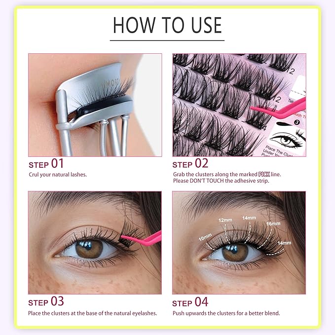 JoMay Self Adhesive Eyelashes, Press on Lashes No Glue Needed, Glueless Lashes Pre-Glued Natural Cluster Extension Kit D Curl For Beginners, No Sticky Residue 1 Step DIY 48PCS 10-16mm X02