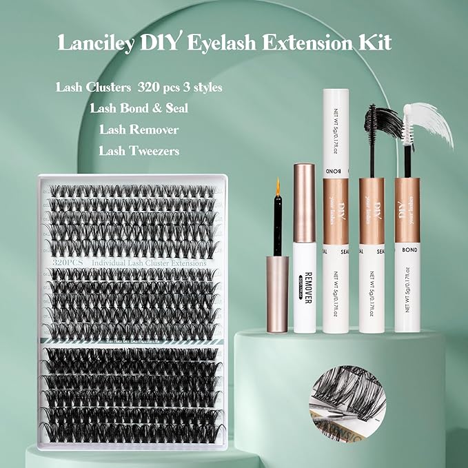 Lash Clusters Kit 320PCS 11-20MM 40D 50D 100D Thick Volume Cluster Eyelash Extensions Natural Volume Lashes D Curly Eyelashes DIY Lash Extension Kit with Lash Bond + Seal + Remover + Tweezers-3