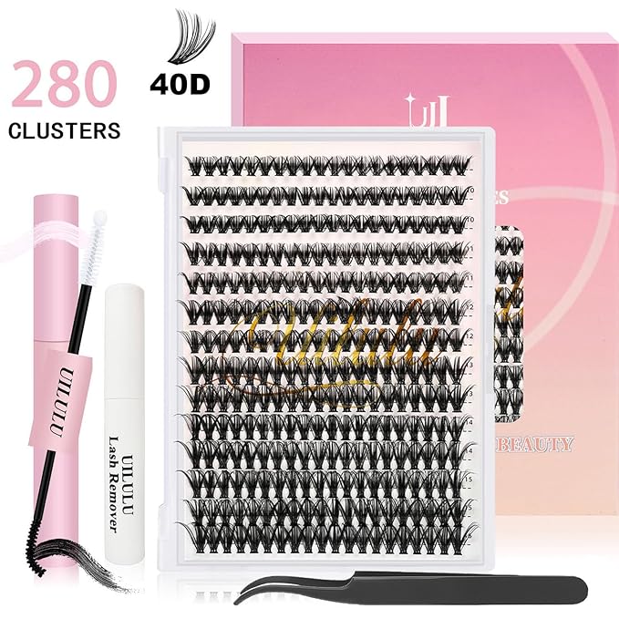 Lash Clusters Kit for DIY Lash Extension at Home, 40D False Eyelashes Set with Bond and Seal, Remover, Tweezers, D Curl Wispy Individual Clusters Eye Lash Extensions Kit (40D DIY Lash Kit)