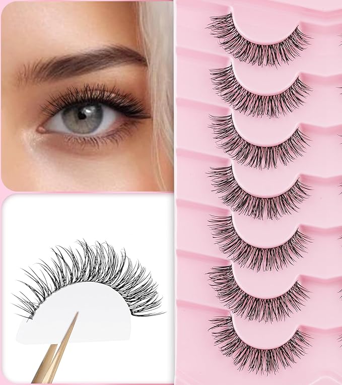 Natural Eyelashes 15MM False Lashes Natural Look C Curl Strip Lashes with 0.03MM Ultra Thin Band Fake Eyelashes ChirpyLuna Lash Pack, 7 Pair