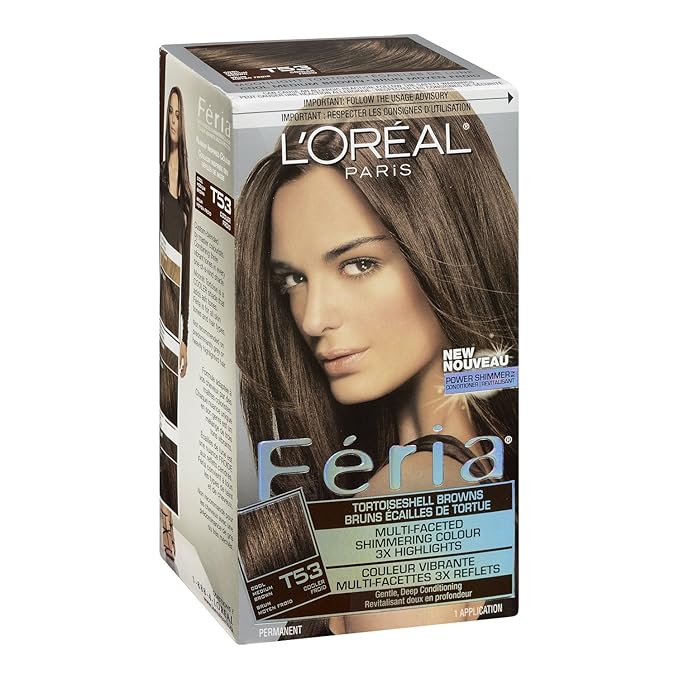 L'Oreal Paris Feria Multi-Faceted Shimmering Permanent Hair Color, T53 Moonlit Tortoise (Cool Medium Brown), Pack of 1, Hair Dye