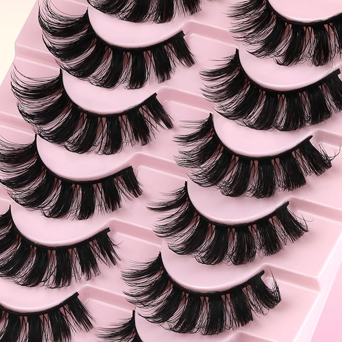 Ahrikiss Lashes Russian Strip Lashes That Look Like Extensions D Curl Fluffy False Eyelashes 10 Pairs 3D Volume Fake Lashes Wispy Faux Mink Lashes Natural Look (D19)