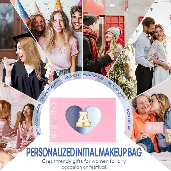 2 PCS Initial Makeup Bags for Women: Cosmetic Bag for Travel Toiletry - Birthday Gifts for 11 12 13 14 15 16 17 18 Years Old Girl Graduation Teacher Gift- Teen Girl Gifts Trendy Stuff - Blue I
