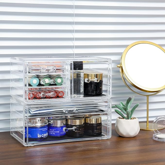 Cq acrylic 2 Pack Clear Desk Organizer With Drawers,Stackable 6 Drawers Skincare Organizer,Cute Skin Care Organizers for Vanity Hair Clip,Jewelry,Beauty Product Desk and Makeup Organizers Countertop
