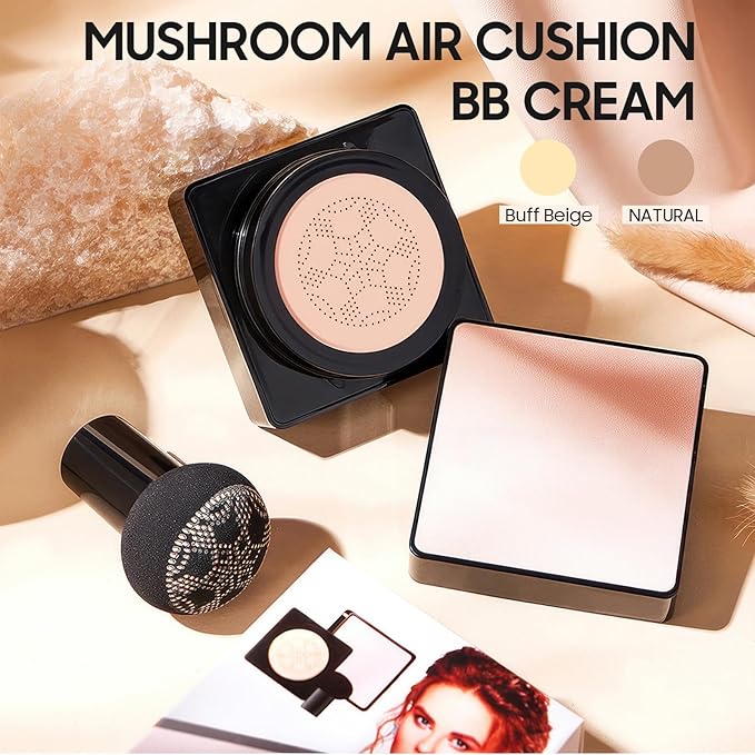 Air Cushion CC Cream Mushroom Head - Moisturizing & Oil Control Screw Lid Concealer Makeup Base, Primer Liquid Foundation Long Lasting with Mushroom Makeup Sponges for All Skin Types (Ivory)