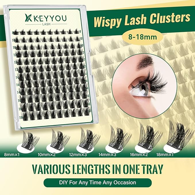 KEYYOULASH Lash Clusters Kit 120pcs 8-18MIX Lash Clusters Spiky Manga Lash Extension Kit with Lash Bond and Seal,Remover,Applicators for DIY Volume Eyelash Extension Kit at Home (KY09 Kit)
