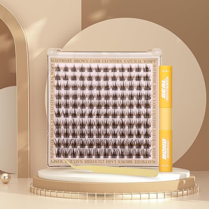Brown Lash Clusters Kit Wispy Lashes Extensions Kit Natural Eyelash Clusters Waterproof Lash Bond and Seal Kit Dark Brown Cluster Lash C-Curly Individual Lash Pack 120Pcs DIY Lash Kit (8-16MM)