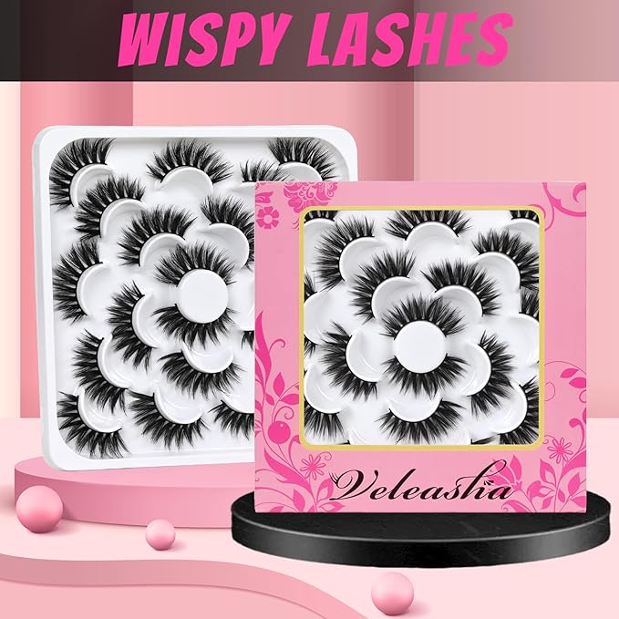 Veleasha Lashes 10 Pairs Natural Fluffy False Eyelashes Soft Wispy Lashes 3D Faux Mink Lashes Pack (V42)