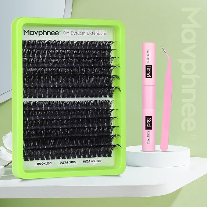Mega Volume Lash Extensions Kit 14-24MM Long Eyelash Extension 100D 120D Lash Clusters Russian Indvidual Lashes DIY at Home D-Curly Eyelash Individuals Lash Bond and Seal Kit (216 Pcs)