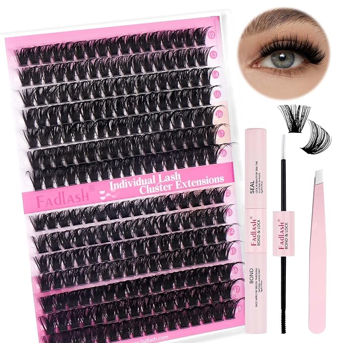 FADLASH Lash Extension DIY Kit Volume Fluffy Lash Clusters D Curl Cluster Lashes with Lash Bond and Seal Lash Tweezers for DIY Eyelash Extension at Home for Self Use(Kit 80D+100D-0.07D-12-18MIX)