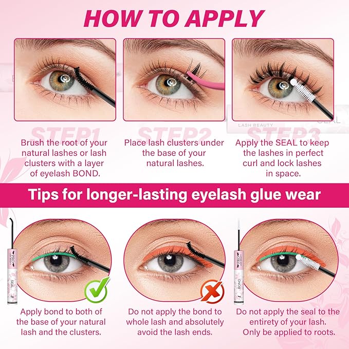 PROLASHBEAUTY Lash Cluster Glue Upgraded 2 in 1 Black Lash Bond and Seal Lash Glue for Eyelash Clusters Waterproof Strong Hold Eyelash Glue Long-Lasting 72H+ (10ml, Black Bond & Clear Seal)