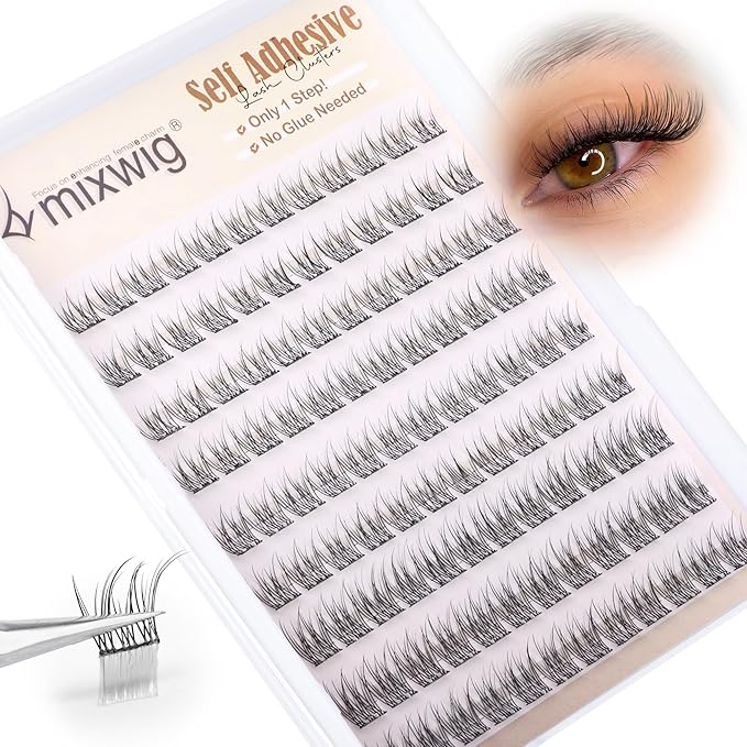 Natural Self Adhesive Lash Clusters Pre Glued Eyelash Clusters Wispy Stick on Lashes Self Adhesive Lashes Clusters Natural Look C-Curly Individual Lashes 9-11MM by Lvmixwig