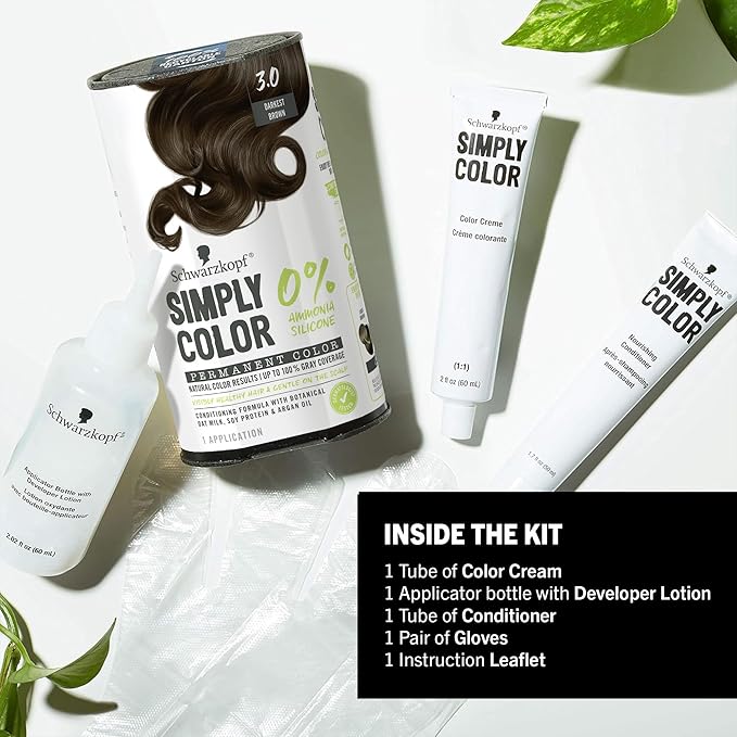Schwarzkopf Simply Color Permanent Hair Dye, 3.0 Darkest Brown, Long-Lasting with Nourishing Ingredients, No Ammonia or Silicone, All Hair Types