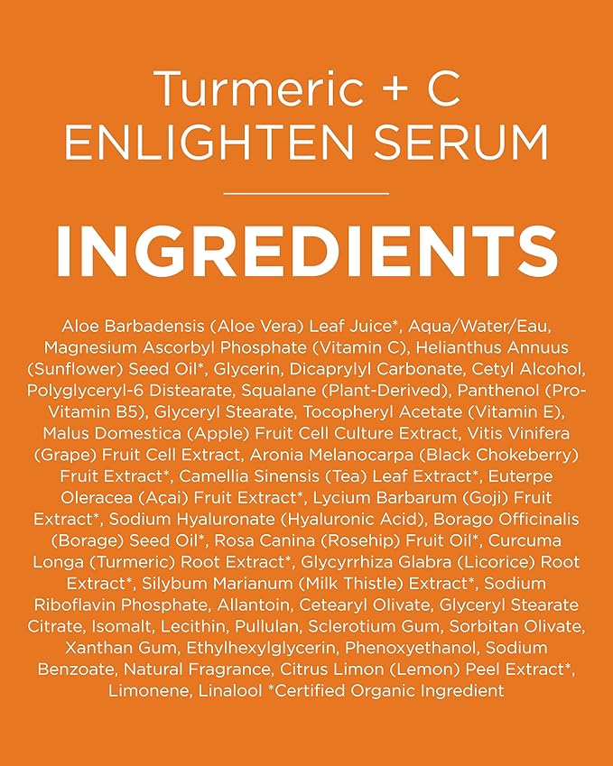 Andalou Naturals Turmeric + Vitamin C Enlighten Serum | Illuminating Face Treatment for Uneven Tone & Sun Damage | With Turmeric and Fruit Stem Cells | 1.1 fl oz